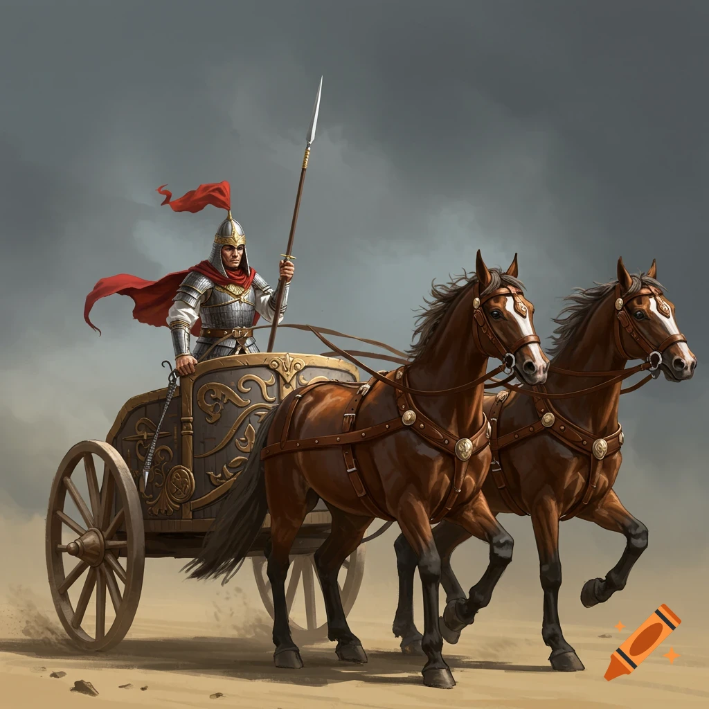 A warrior rides a chariot pulled by two horses through a dusty landscape under a cloudy sky.