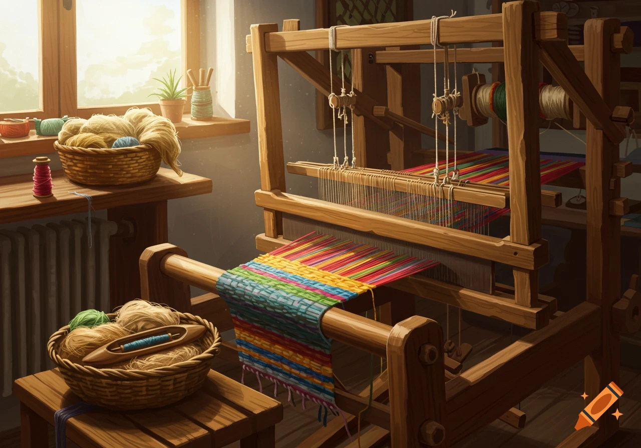Painting of a weaving loom with colorful yarn and tools in a sunlit workshop.