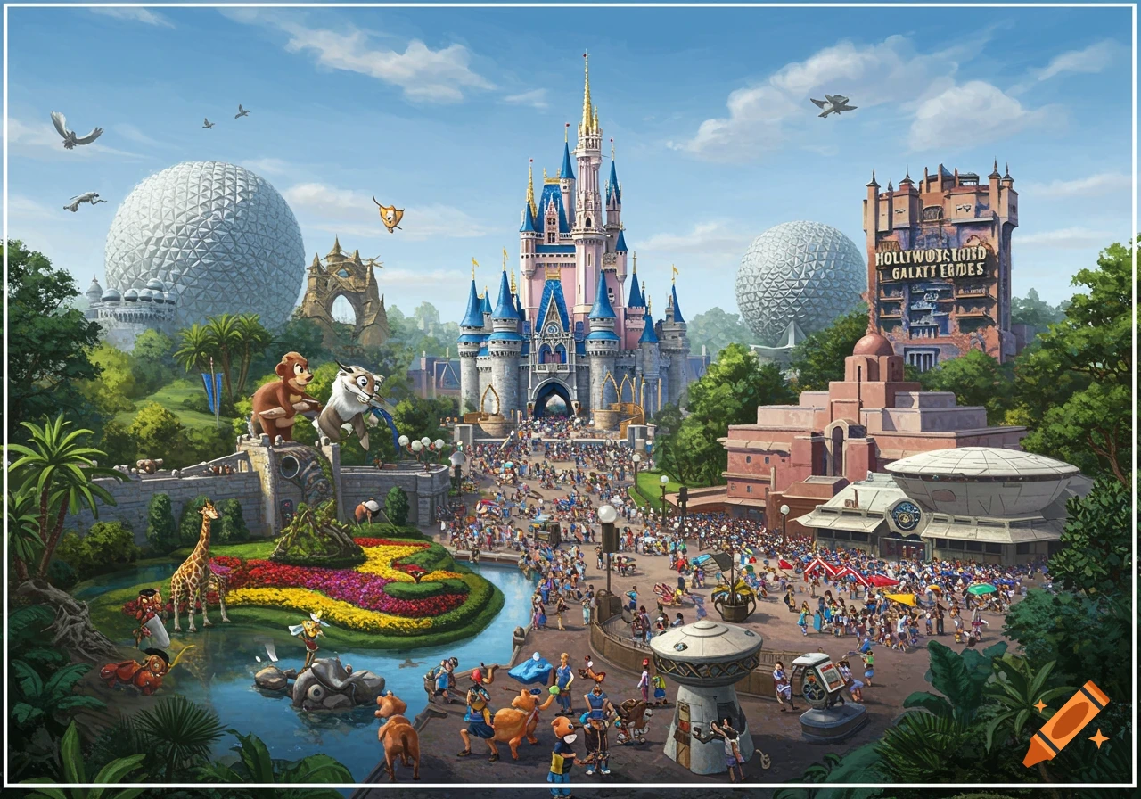 Illustrated theme park scene combining Disney World elements like Cinderella Castle, Epcot sphere, and a tower with a large crowd.