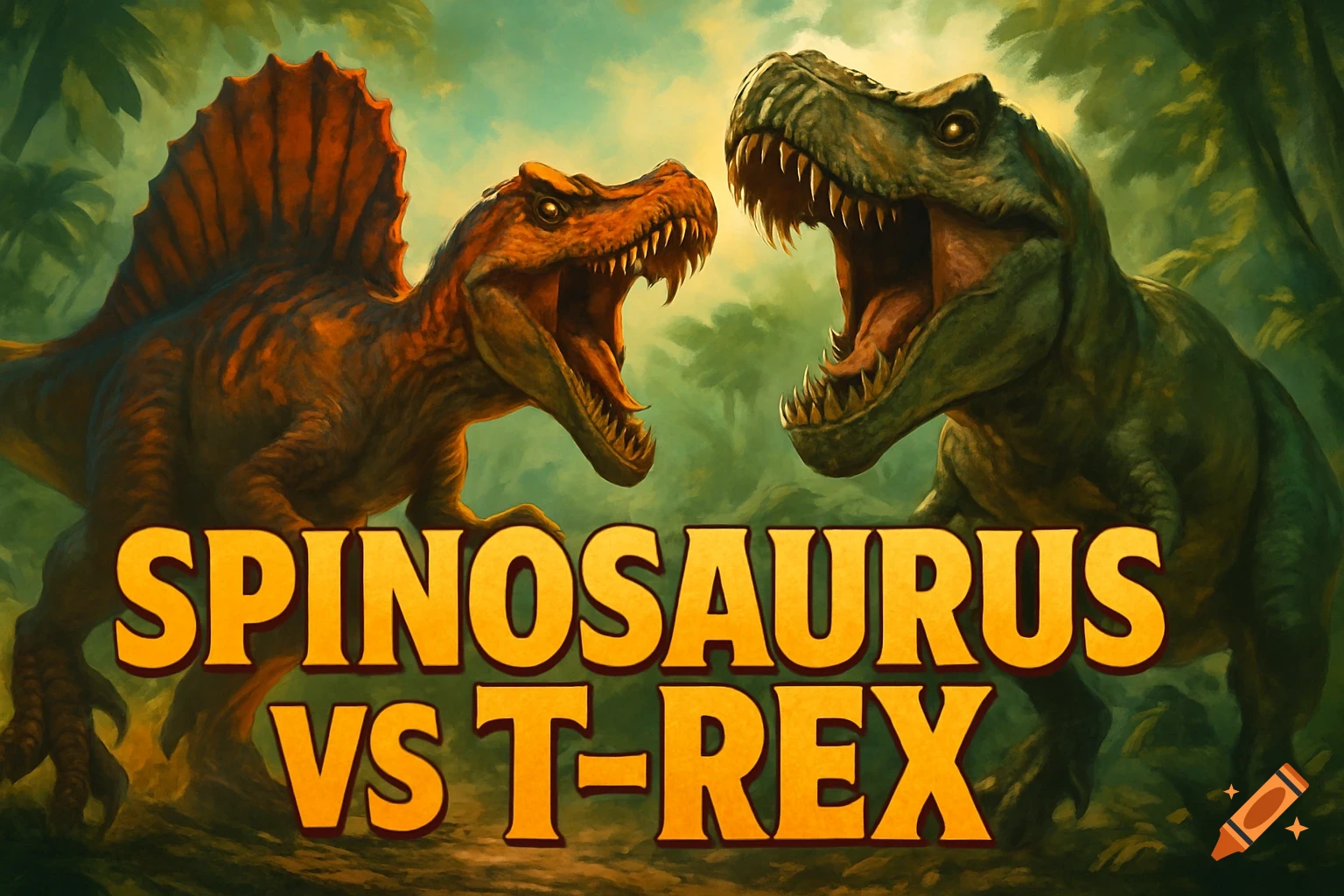 A dramatic illustration of a Spinosaurus fighting a T-Rex in a jungle with the text "SPINOSAURUS VS T-REX".