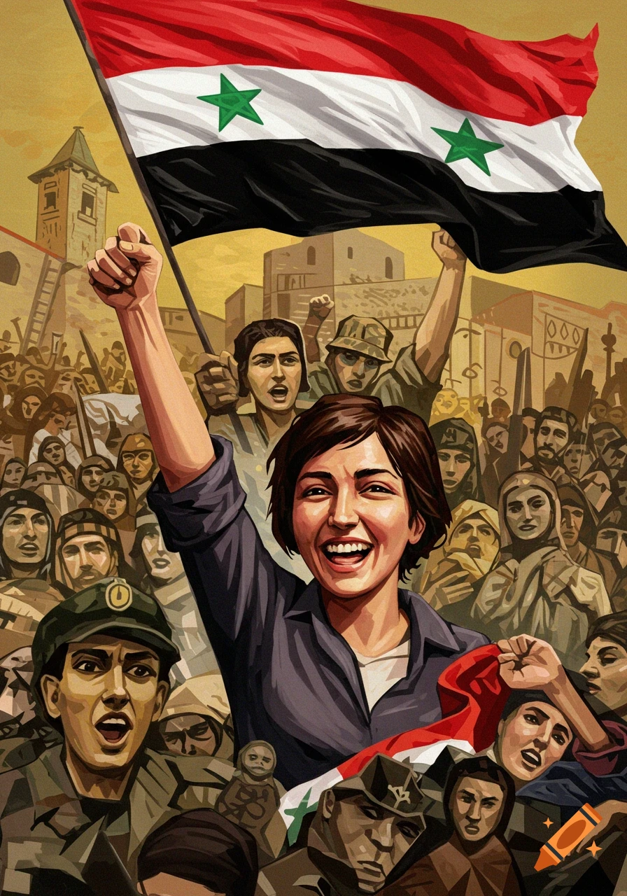 A vibrant cubist illustration of a crowd celebrating with the Syrian flag, featuring a smiling woman raising her fist.