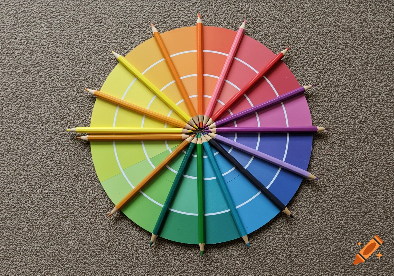 A color wheel formed by colored pencils arranged in a circle on a carpet.