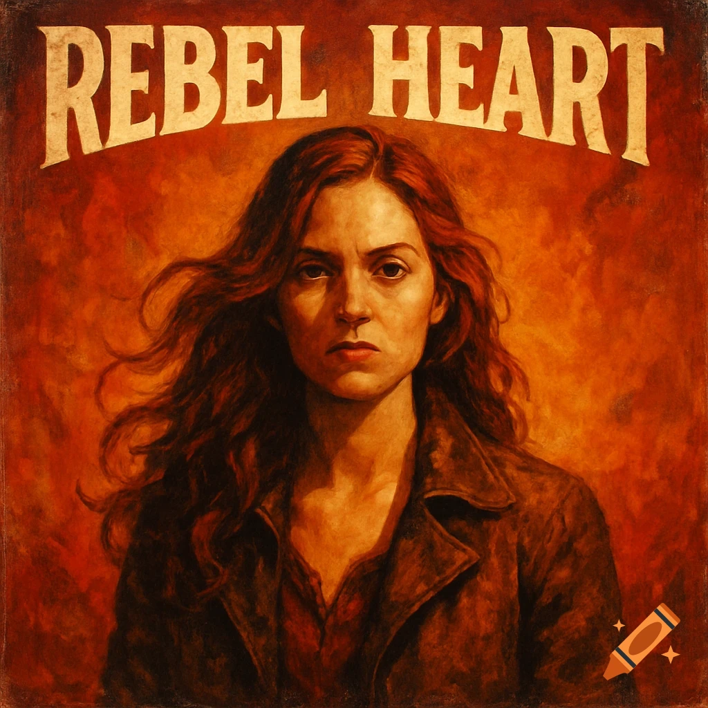 Album cover titled 'Rebel Heart' with a painterly portrait of a serious woman with flowing red hair.