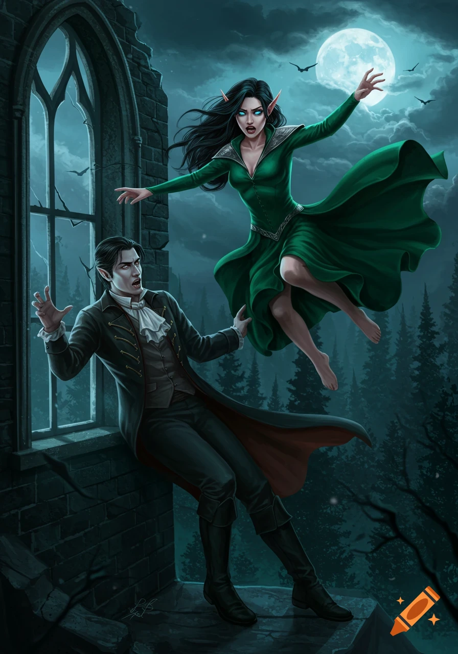 A male vampire reaches for a floating female elf outside a gothic window under a full moon.