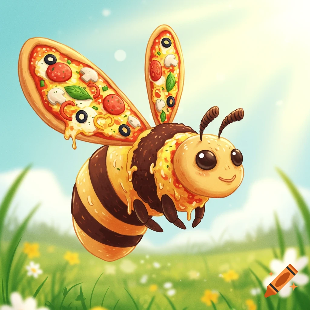 A cute cartoon pizza bee with pizza slice wings flies in a sunny field with flowers.