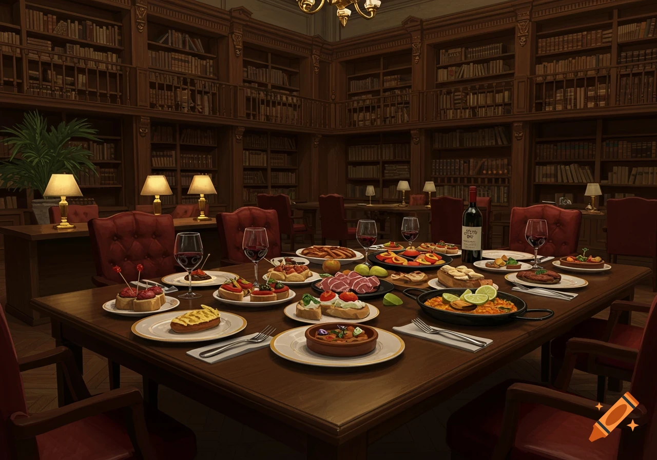 Dinner table laden with food and wine in a library
