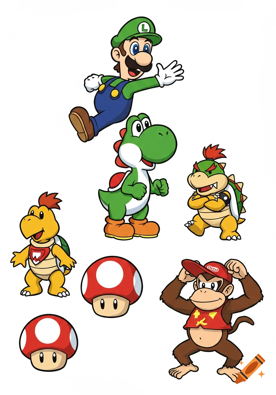 Cartoon illustration of Luigi, Yoshi, Bowser Jr, Koopa Troopa, two Super Mushrooms, and Diddy Kong on a white background.
