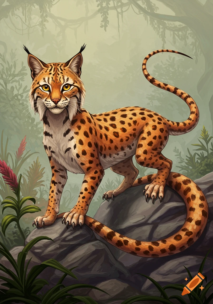 A spotted feline-reptile creature stands on rocks in a jungle.