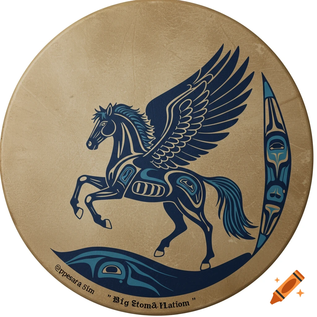 Winged horse in blue Indigenous art style on a hand drum