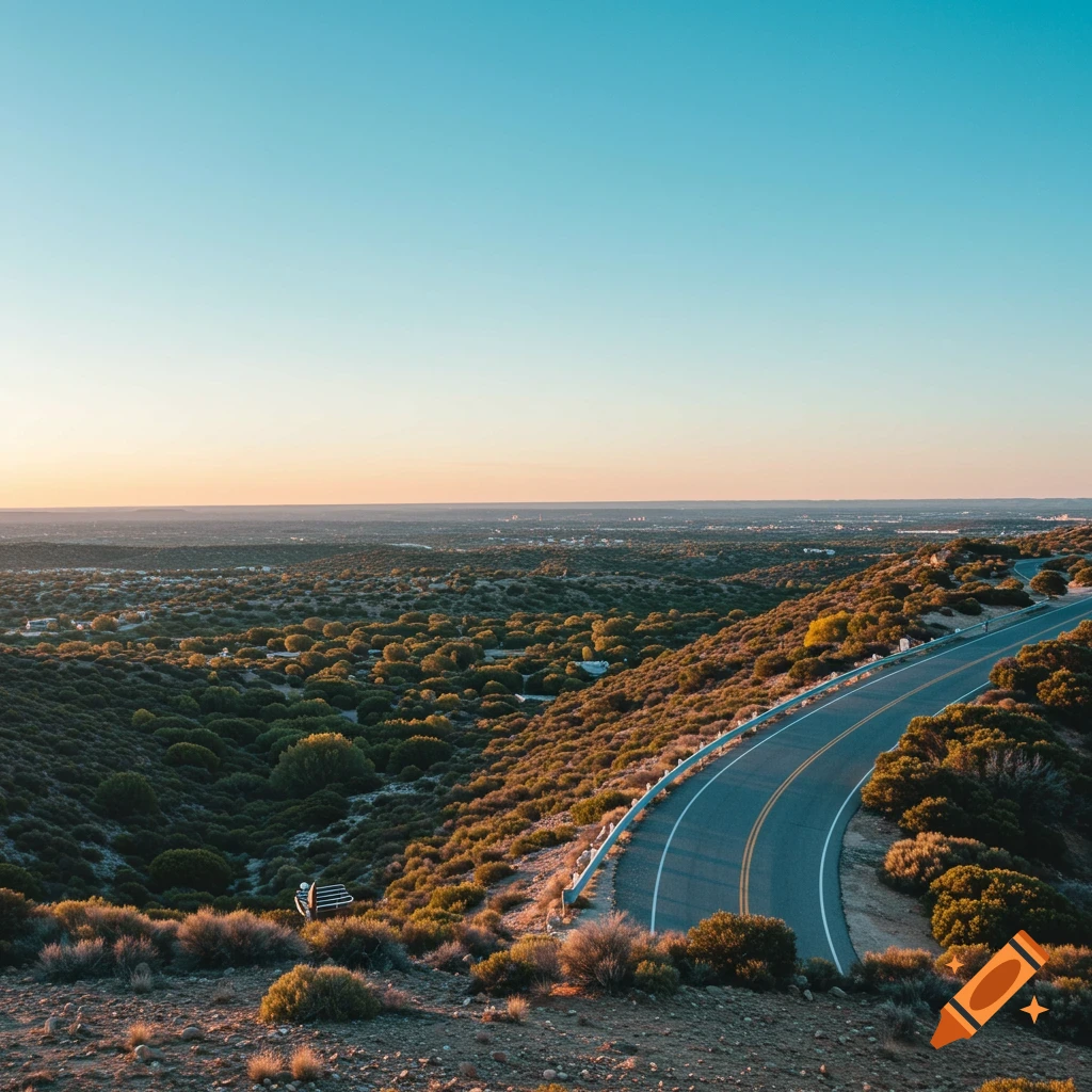 A winding road curves through brush-covered hills during golden hour.