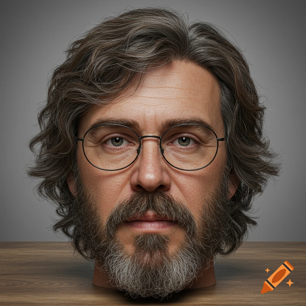 Photorealistic close-up portrait of a middle-aged man with glasses and a beard.