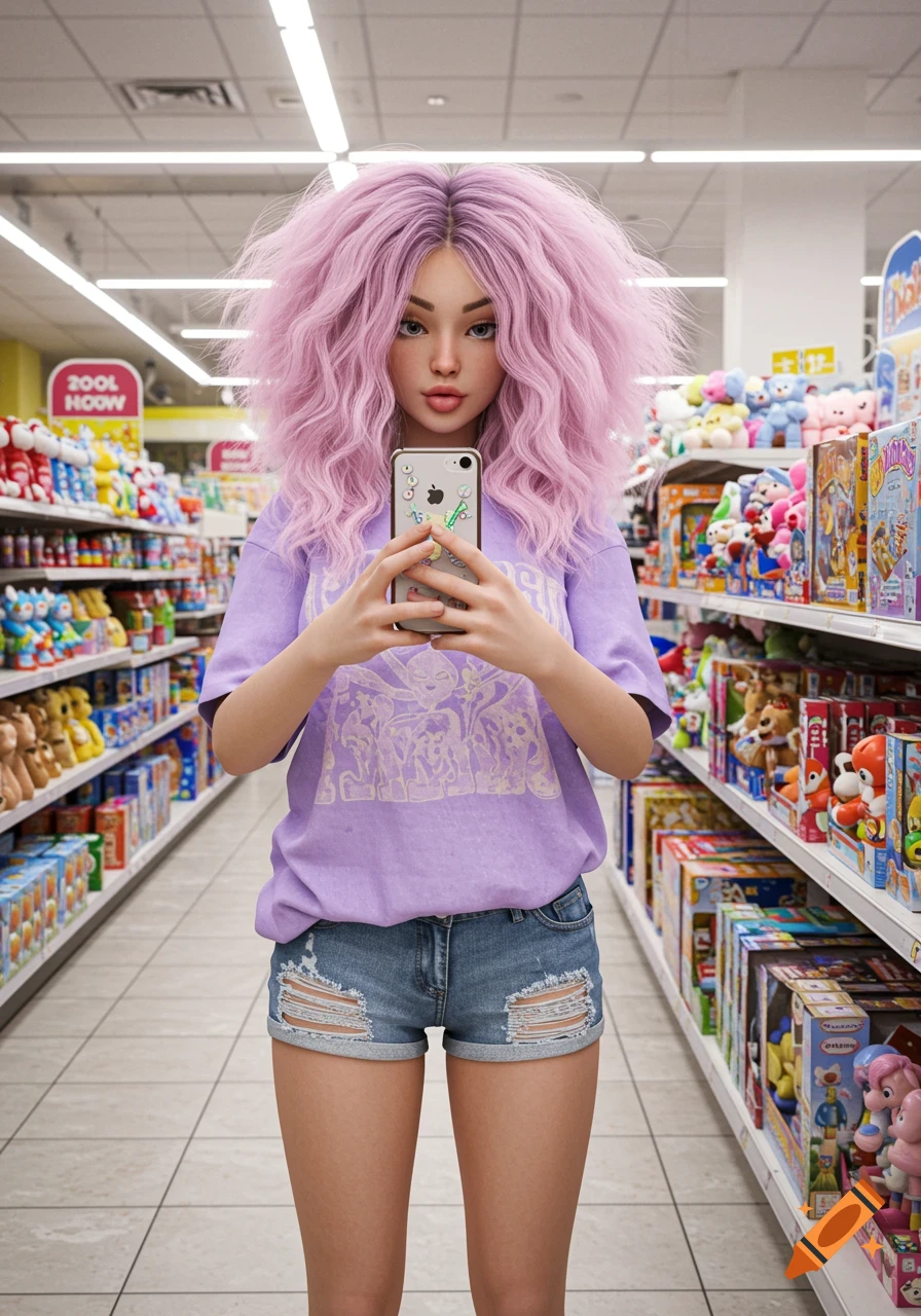 A girl with pink hair takes a selfie in a store aisle filled with toys.