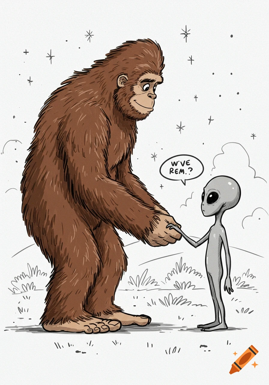 Sketch of a Bigfoot shaking hands with a grey alien
