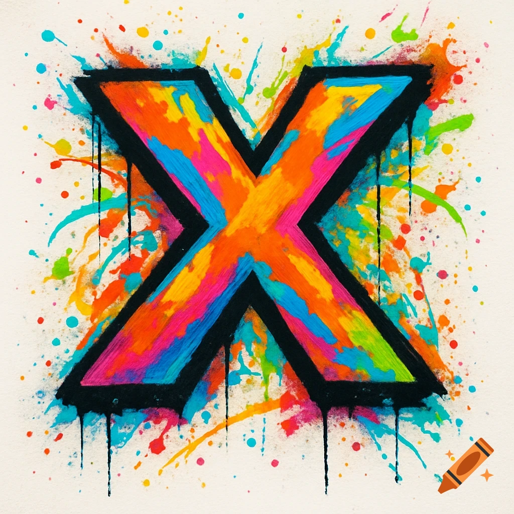 Colorful paint splatter and drip art forming the letter X on a white background.