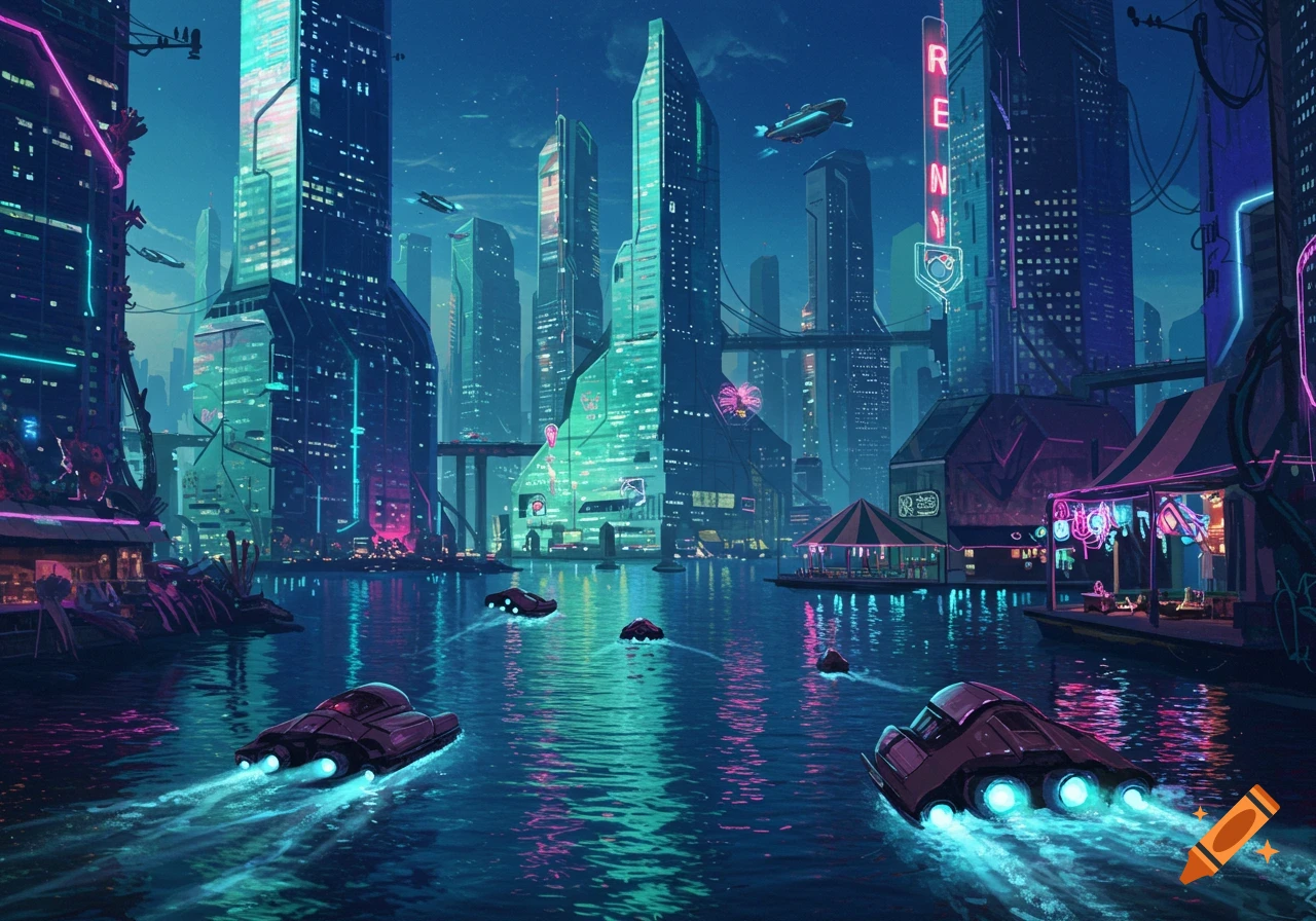 A sci-fi city at night with neon lights, tall buildings, water, and futuristic boats.