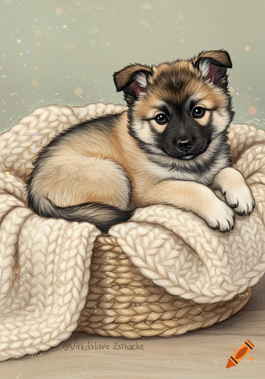 Illustration of a fluffy puppy curled up in a basket with a blanket.