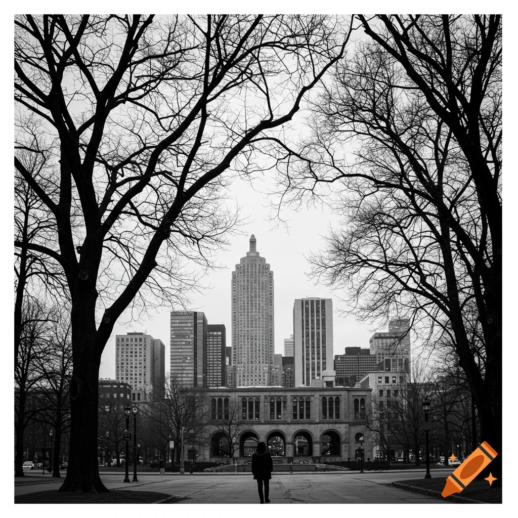 Black and white photo of a city skyline framed by bare trees, with a person walking in a park.