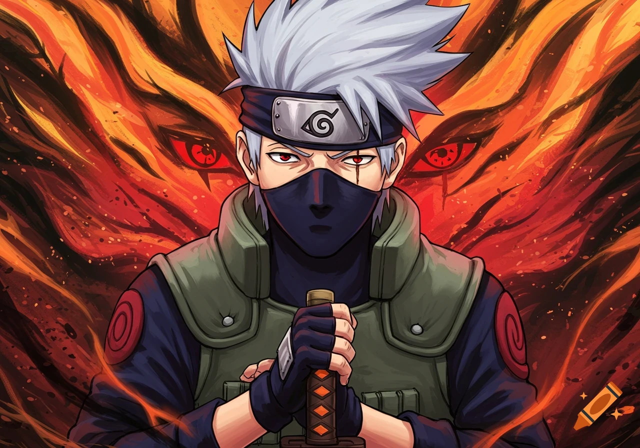 Kakashi Hatake from Naruto holding a sword against a fiery background in an anime style.