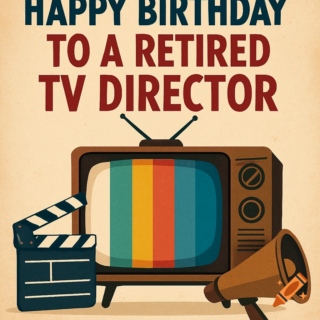 Birthday card with text, an old television, clapperboard, and megaphone in a retro style.