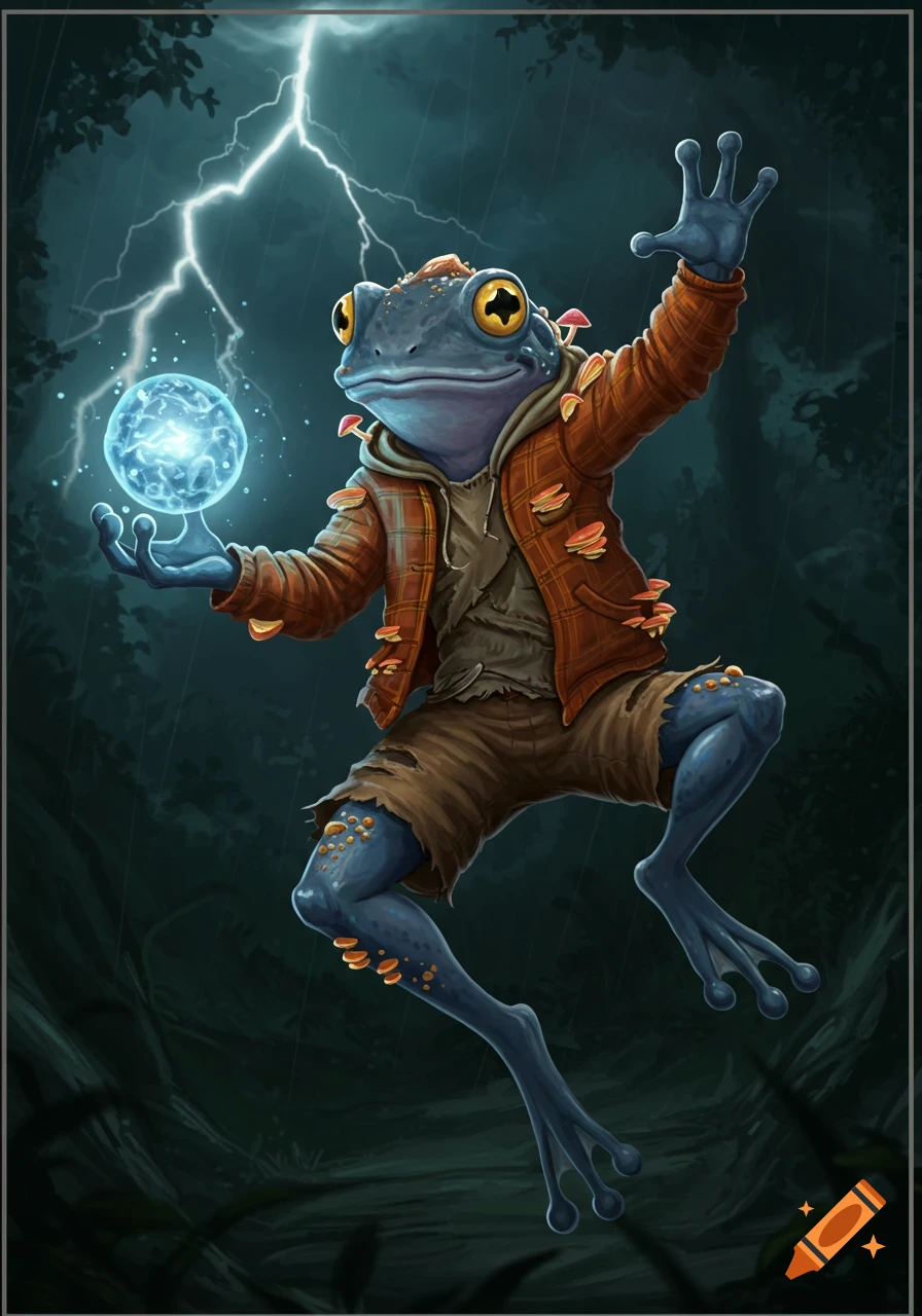 An illustration of a blue frog character in torn clothes holding a glowing magic orb under lightning in a dark forest.