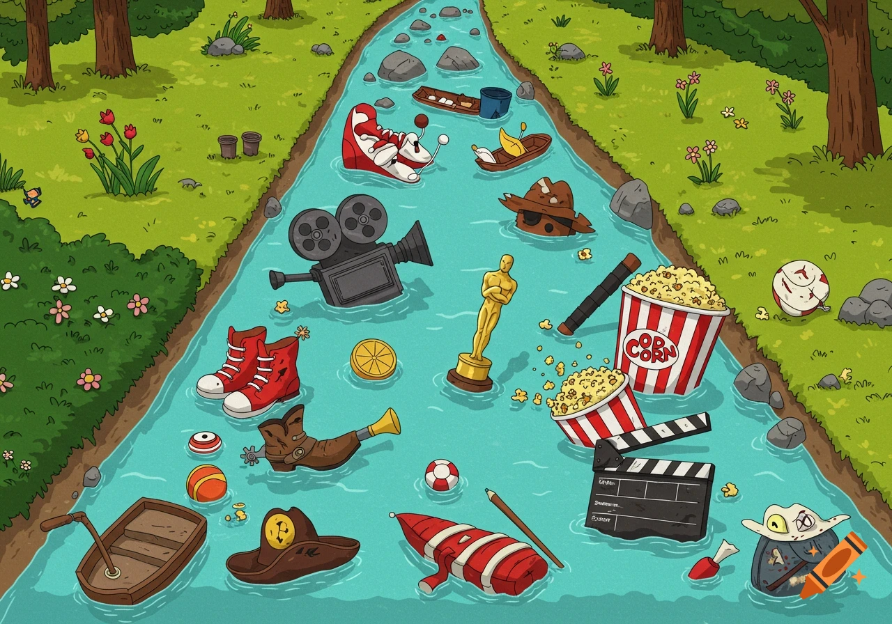 Cartoon river with movie objects floating in it, including a camera, Oscar statue, popcorn, and clapboard.