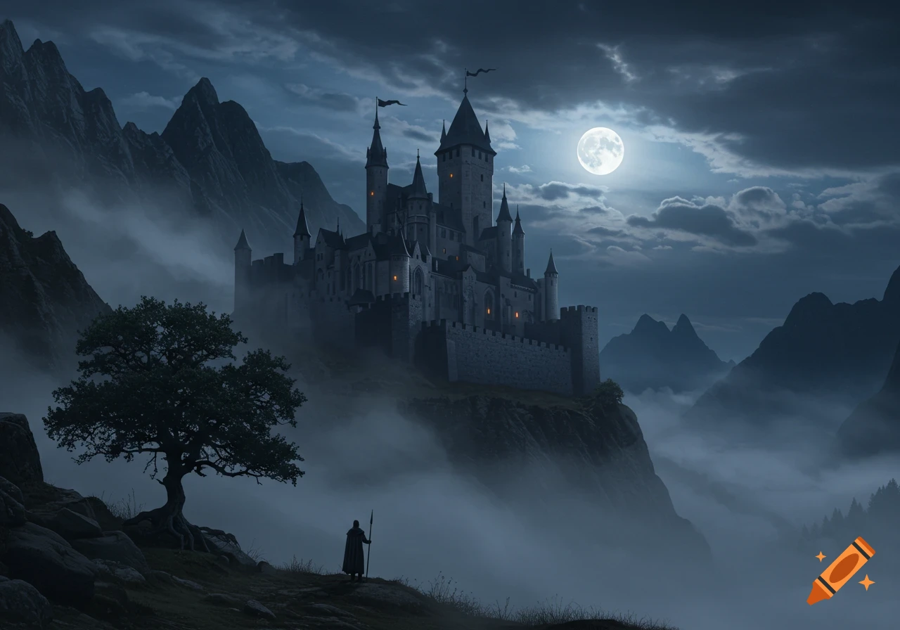 A mountain castle stands on a cliff in dense mist on a moonlit night ...