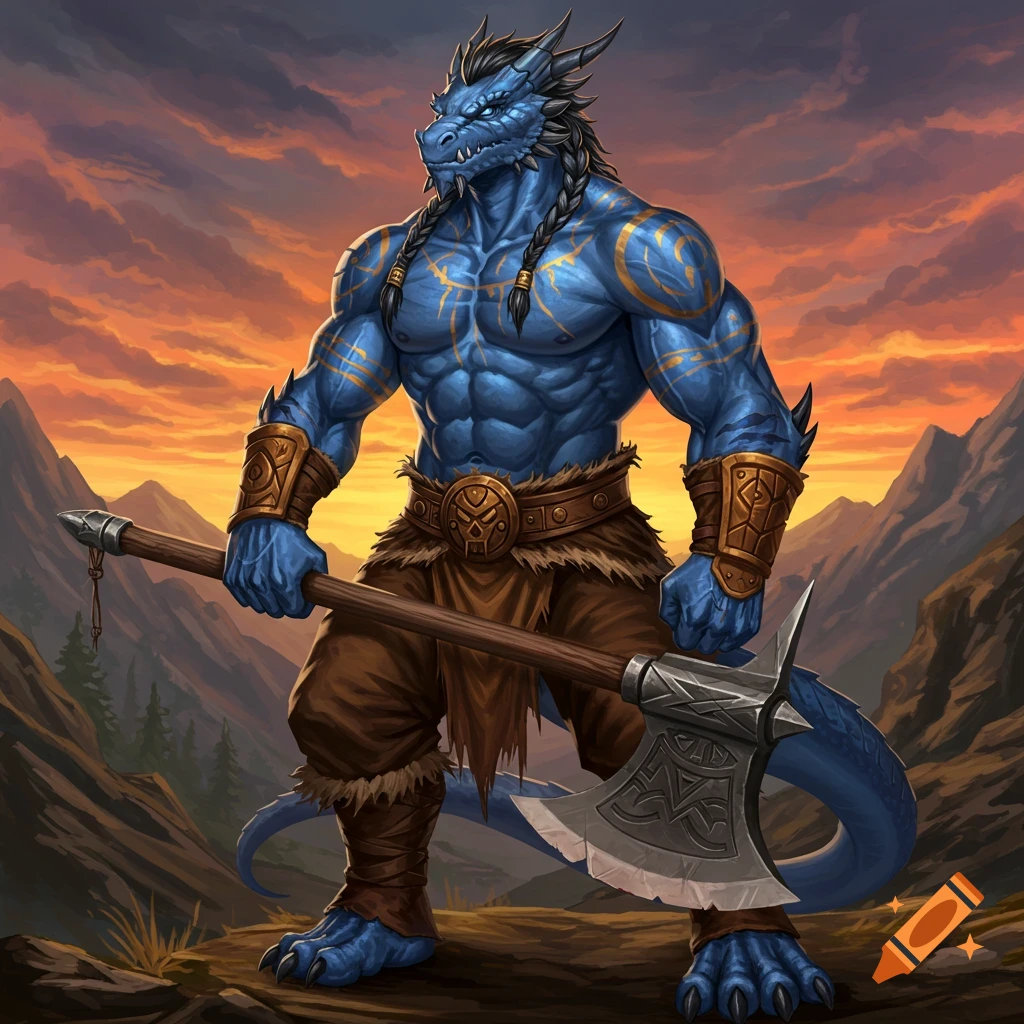 Blue dragonborn barbarian with tribal tattoos holding an axe in a ...