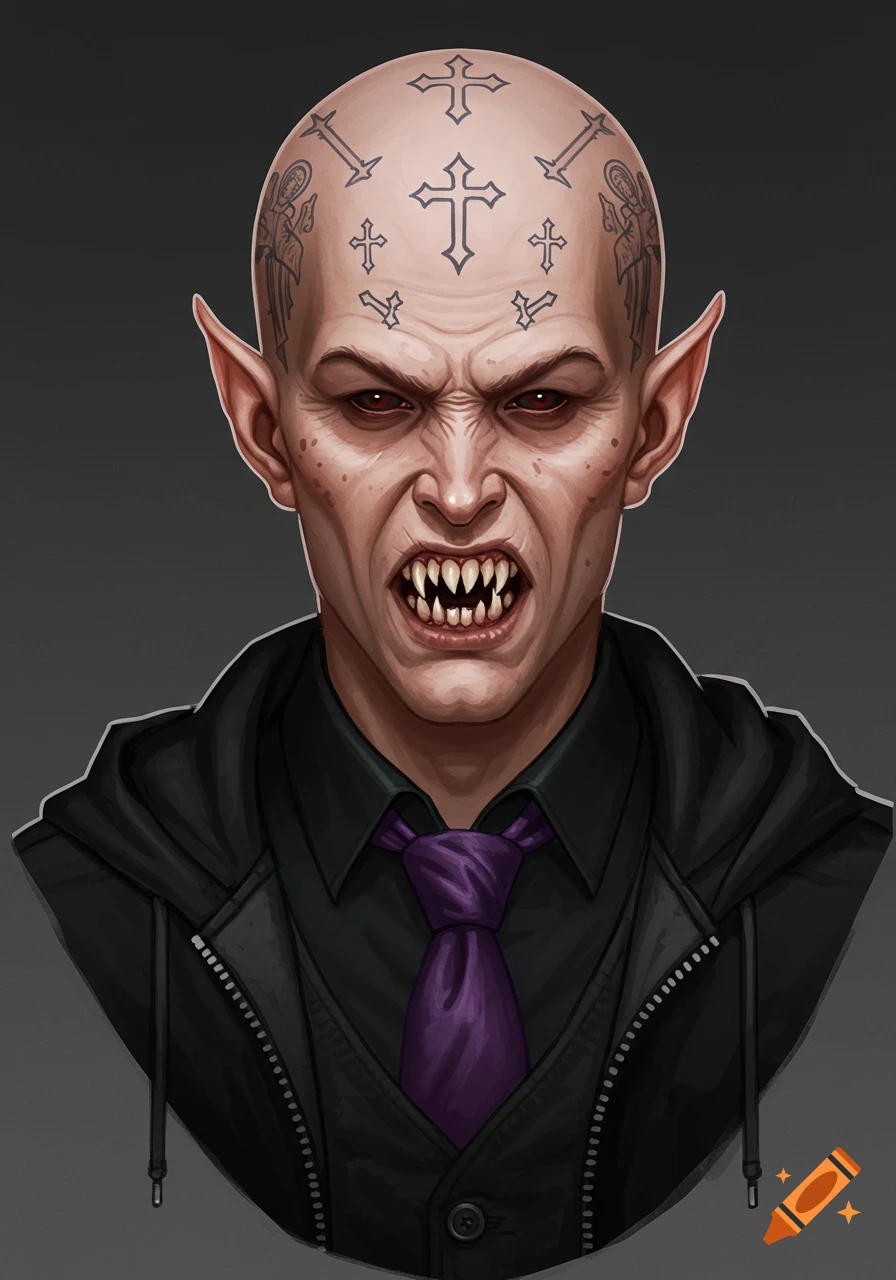 Portrait of a bald vampire with pointed ears, sharp teeth, and religious head tattoos, wearing a black shirt, purple tie, and black hoodie in a comic art style.