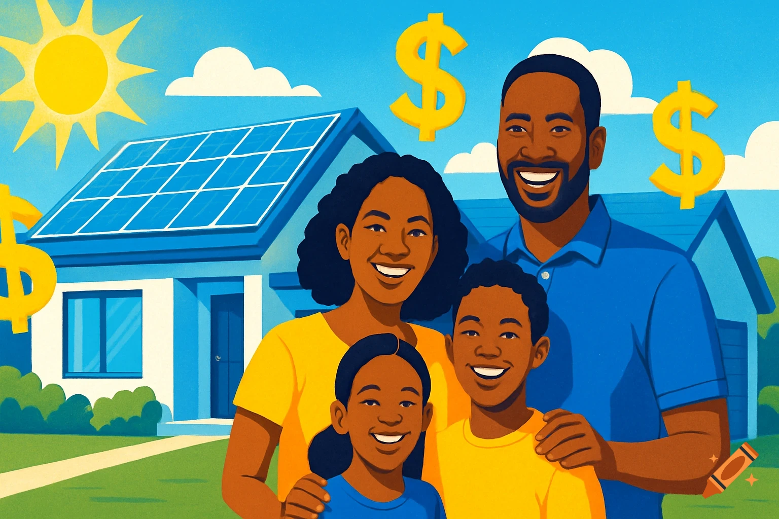 Illustration of a happy family in front of a house with solar panels and dollar signs, symbolizing savings.