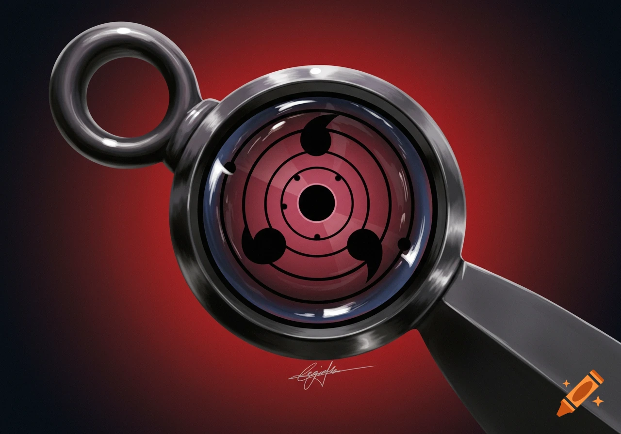 A close-up of a kunai from Naruto featuring a Sharingan eye design on the blade.