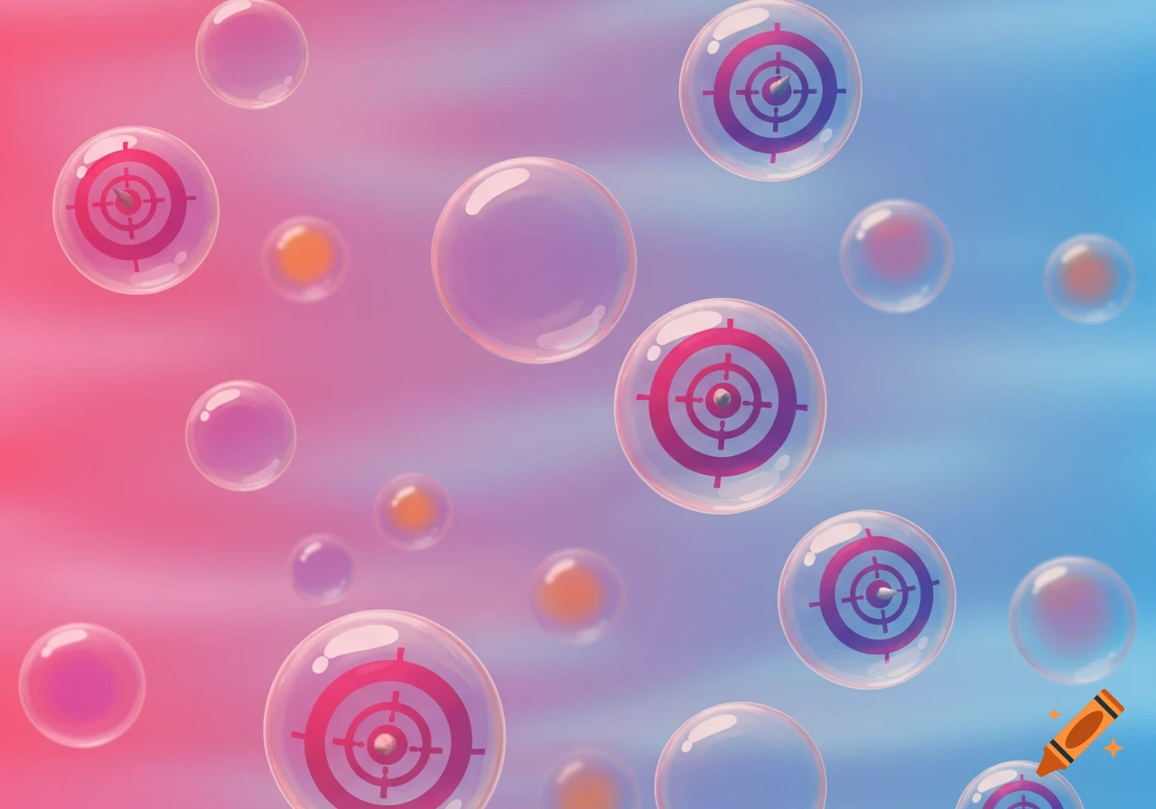 Bubbles with targets floating against a pink and blue gradient background.