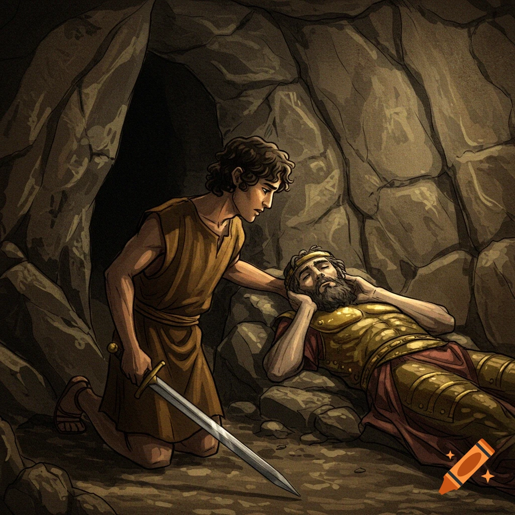 Illustration of David kneeling with a sword before a sleeping King Saul in a cave.