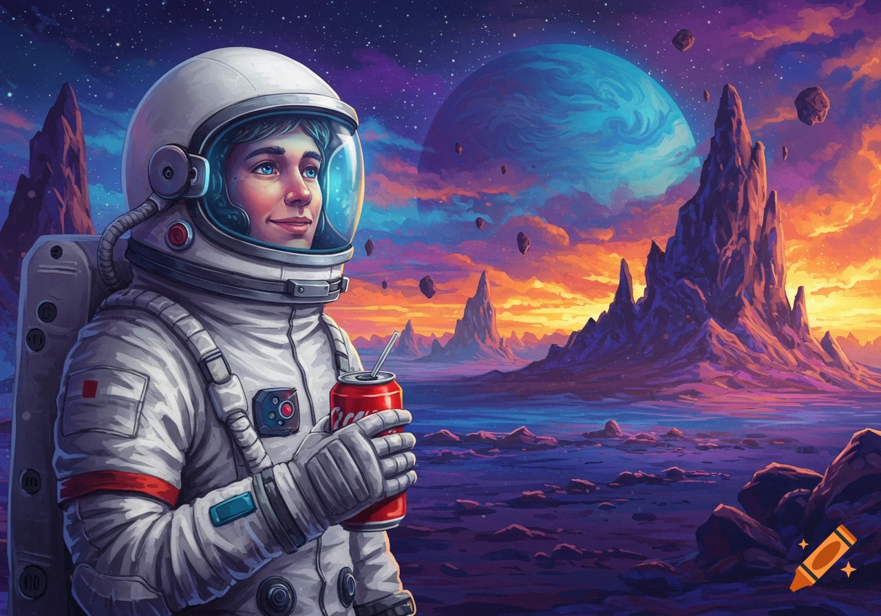 An astronaut in a space suit holds a soda can on an alien planet with mountains and a large moon.