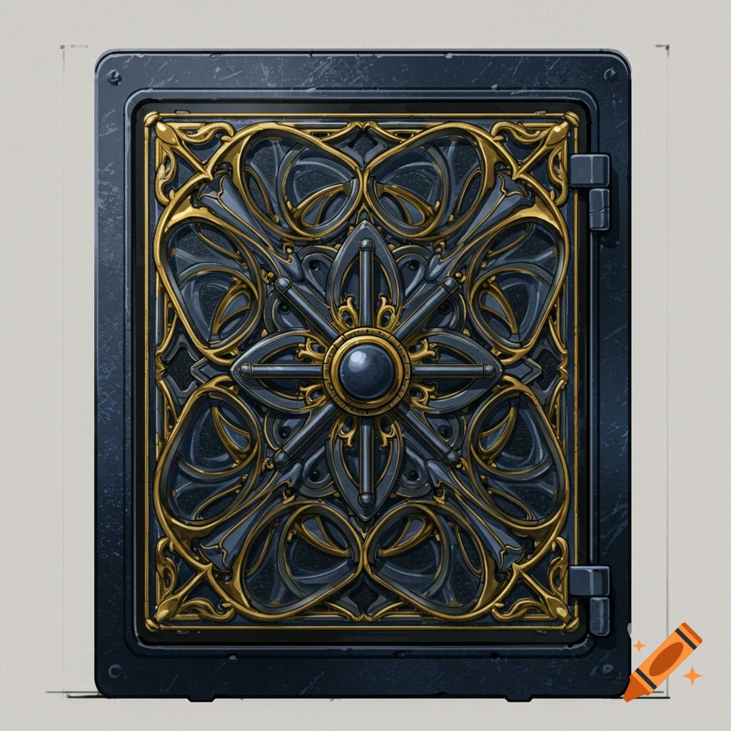 An ornate dark metal safe with intricate gold filigree decoration.