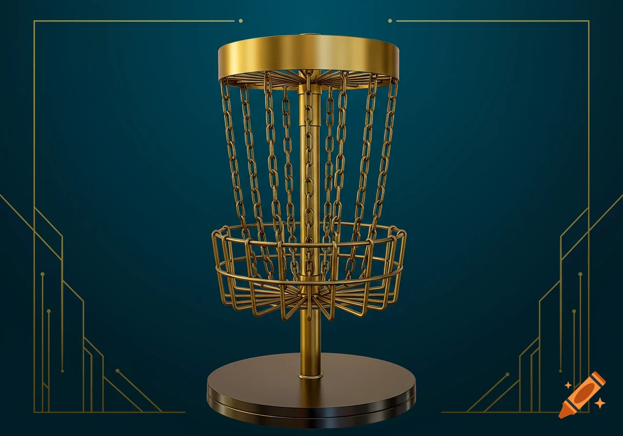 A gold disc golf basket in an art deco style on a dark blue background.