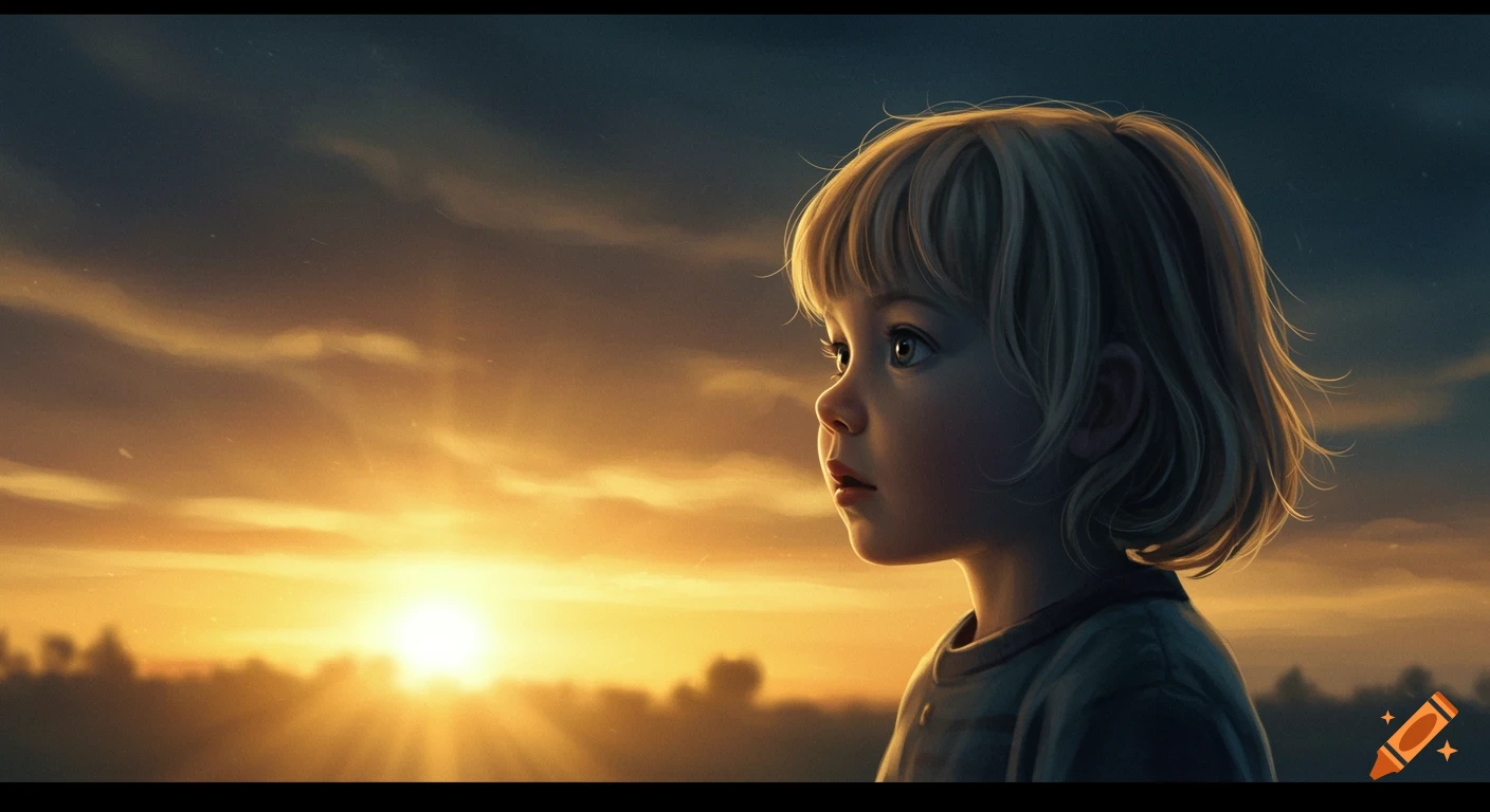 Young child looking at a glowing sunrise
