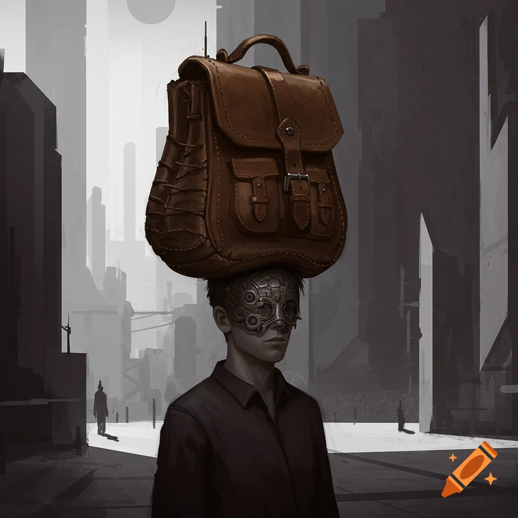 A figure wearing a metallic mask with a large leather satchel on their head walks down a stylized, grey urban street.