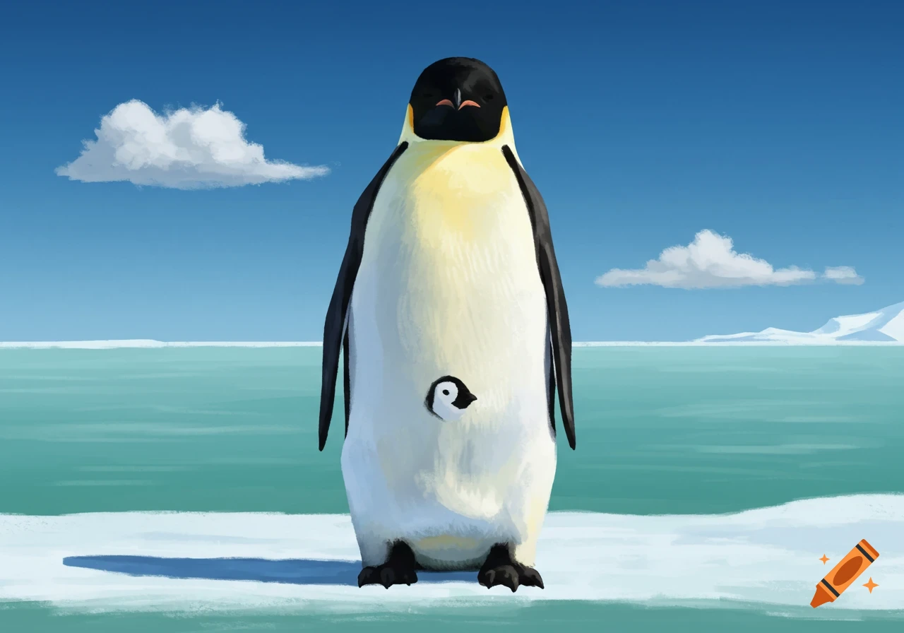 An illustration of an emperor penguin standing on ice with a baby penguin head on its belly, against a blue sky and sea green landscape.