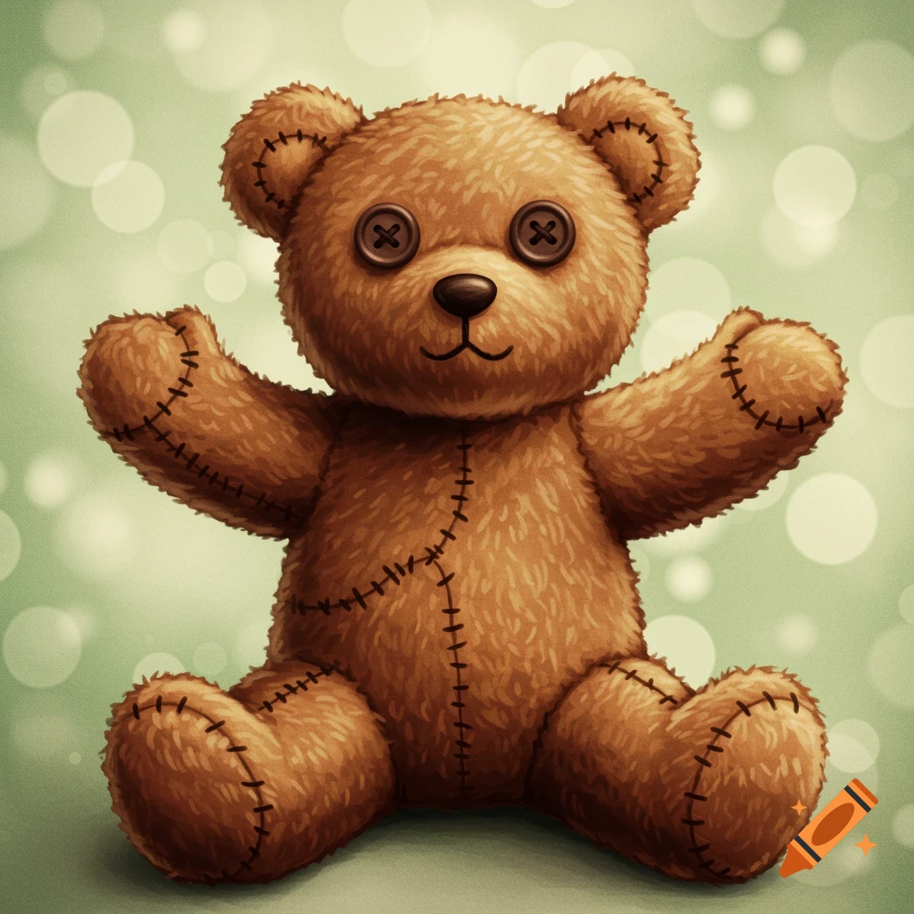 A stitched teddy bear with button eyes sits against a blurry green background with bokeh.