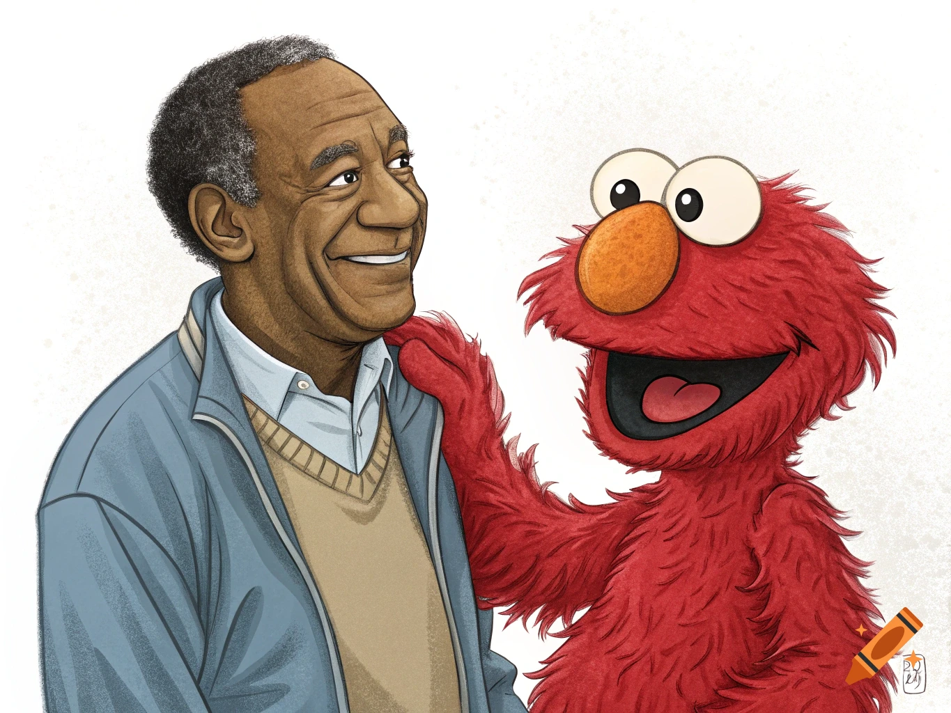 Detailed drawing of Bill Cosby smiling next to Elmo, who has his arm around Cosby's shoulder.