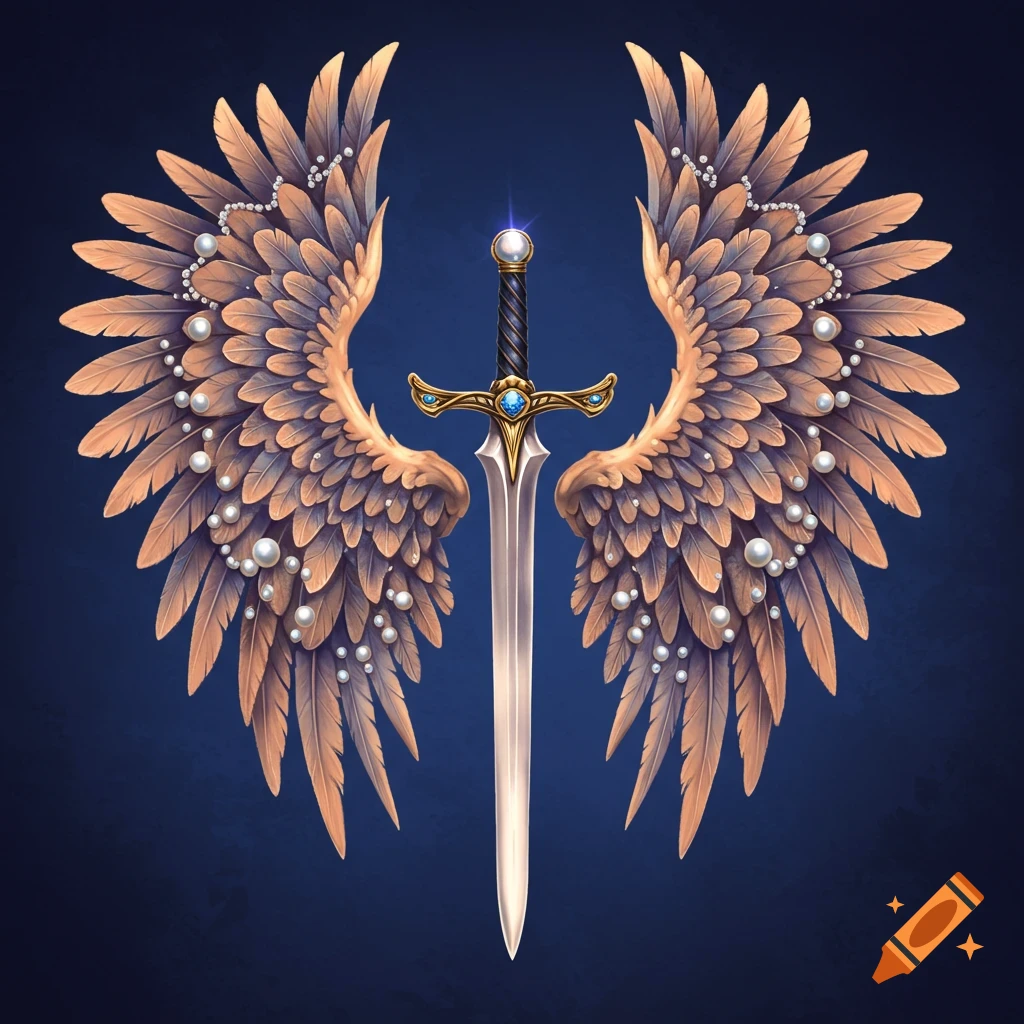 A sword centered between large feathered wings decorated with pearls and gems on a dark background.