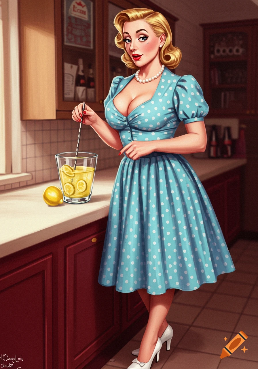 Pin-up style illustration of a woman in a blue polka-dot dress stirring lemonade in a kitchen.