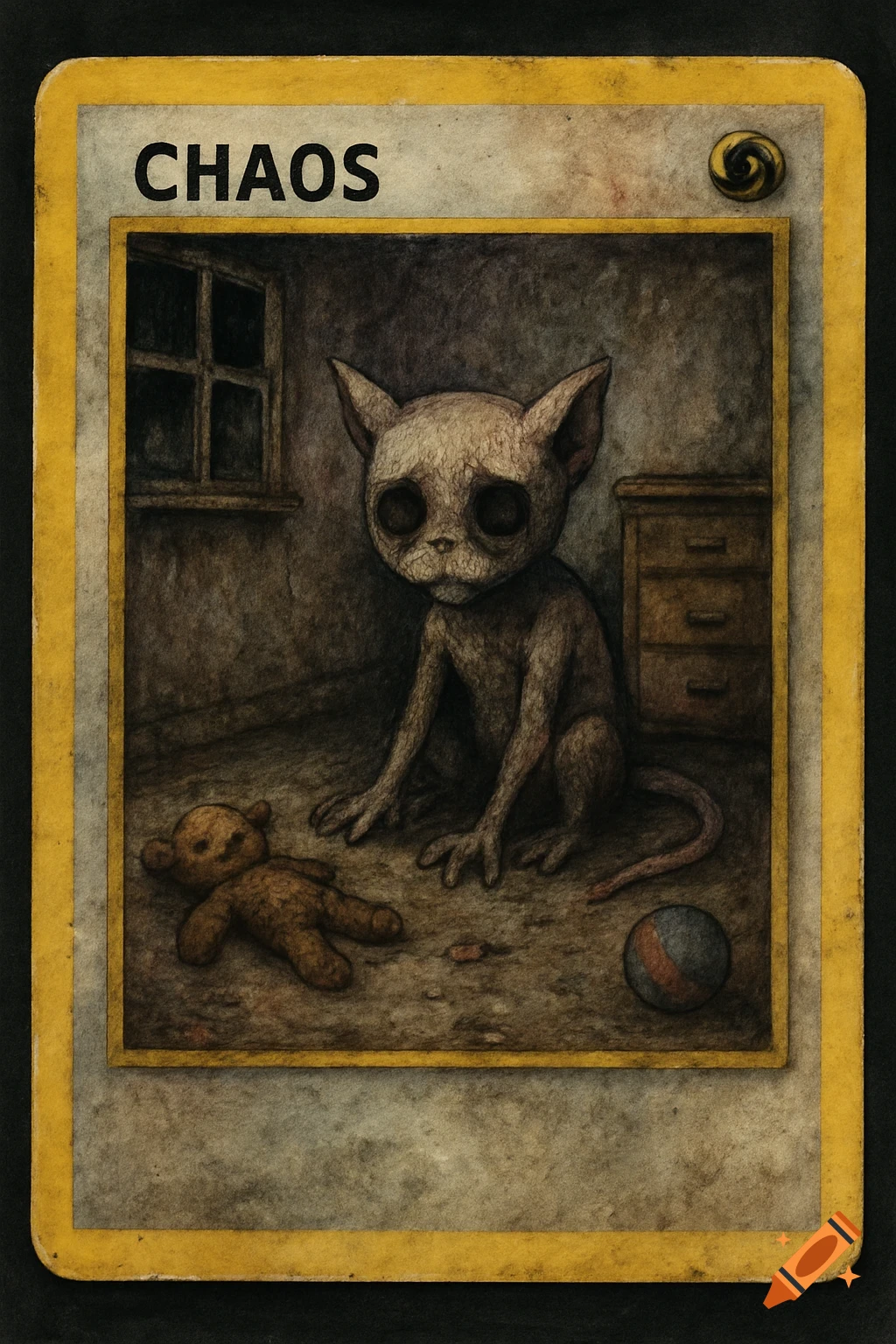 Creepy creature styled like a Pokemon card with the word CHAOS on it.