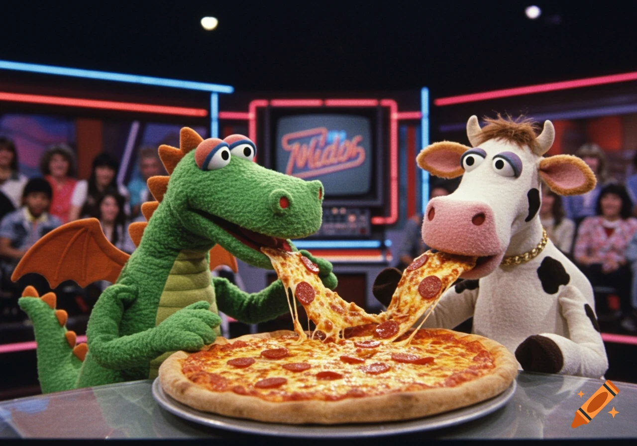 A green muppet dragon and a muppet cow share a slice of pizza on a TV show set with an audience.