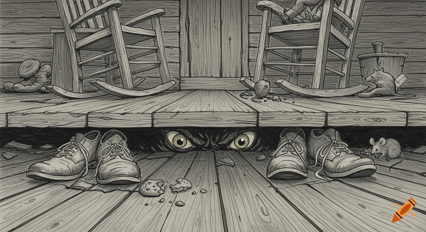 Pen-and-ink illustration of glowing monster eyes peering from under a porch floor with shoes and chairs.