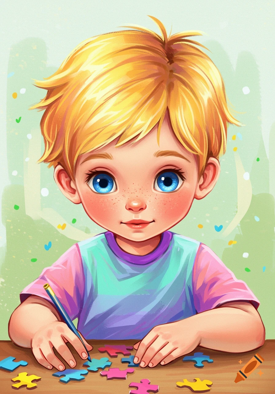 A cartoon illustration of a young blonde boy with blue eyes playing with colorful puzzle pieces.