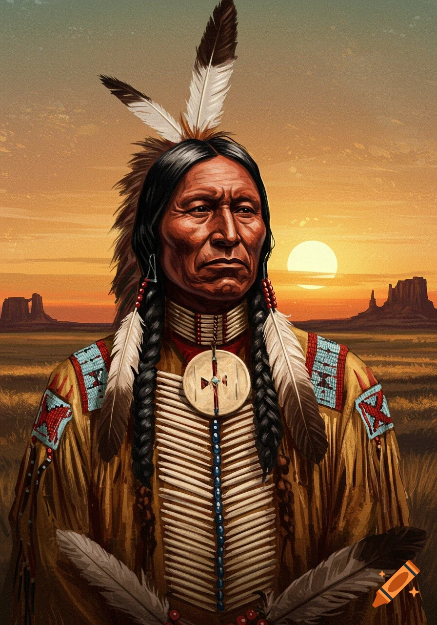 Portrait of a Native American man in traditional clothing and feathers against a sunset landscape.