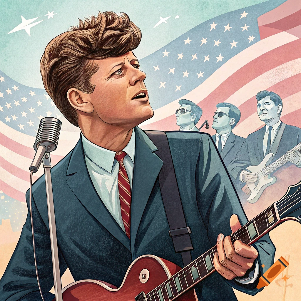 Illustration of JFK playing a guitar and singing into a microphone with band members and an American flag in the background.