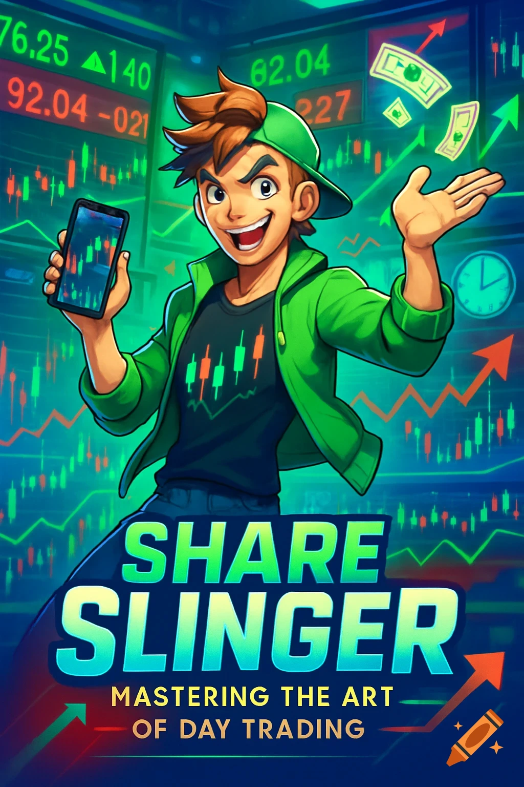 Cartoon character with phone and stock charts promoting day trading, with text 'SHARE SLINGER'