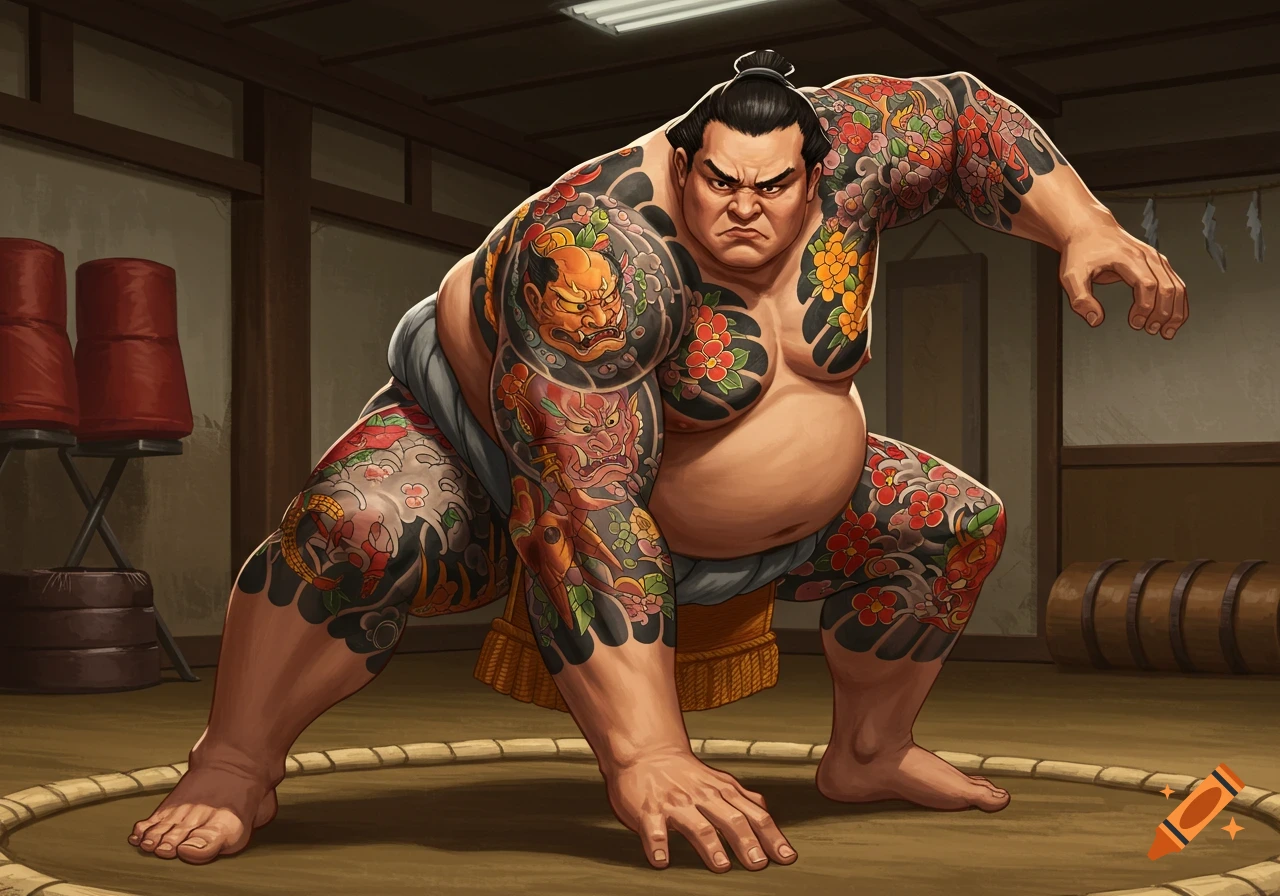A large sumo wrestler covered in traditional Japanese tattoos crouches in a wrestling ring.